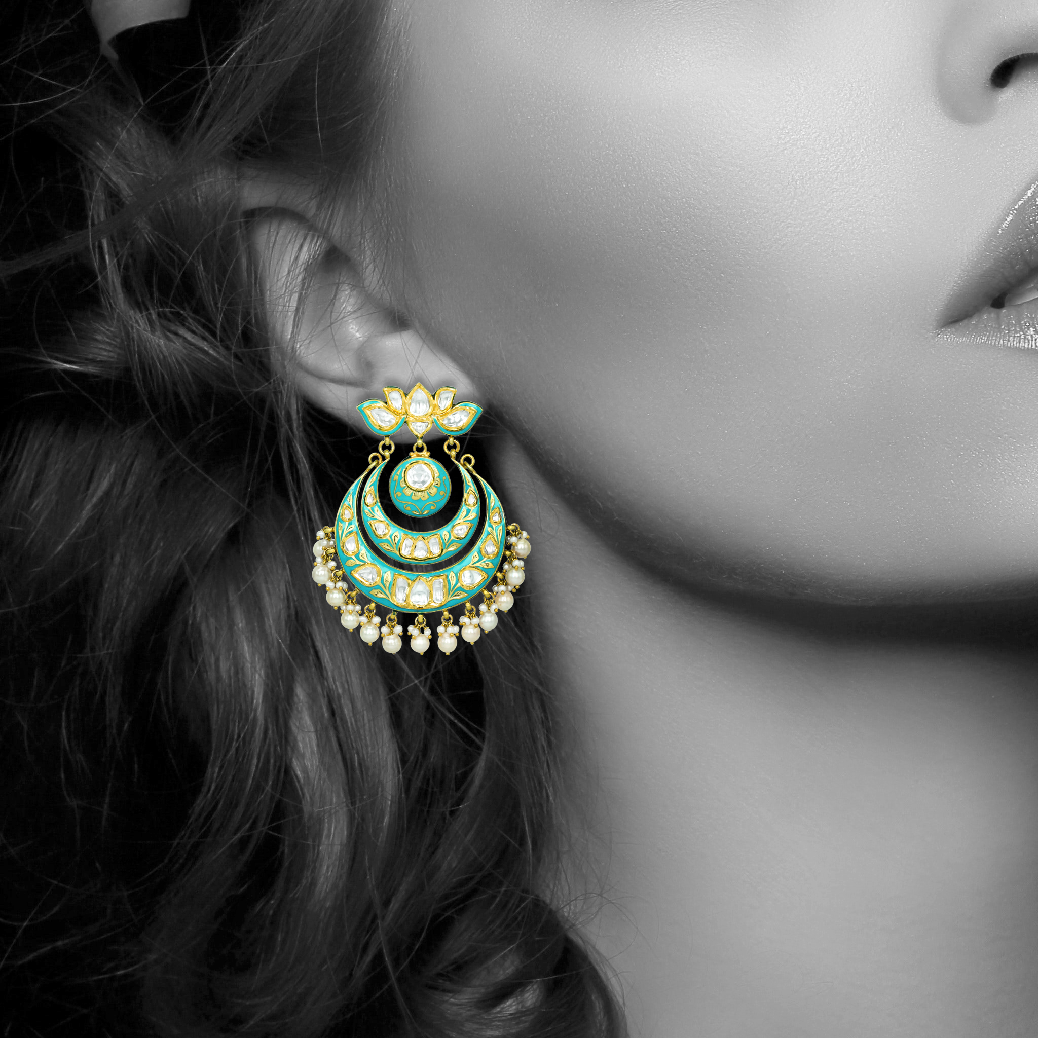 Turquoise Lotus-Inspired Chandbali Earrings with Polkis and Pearls